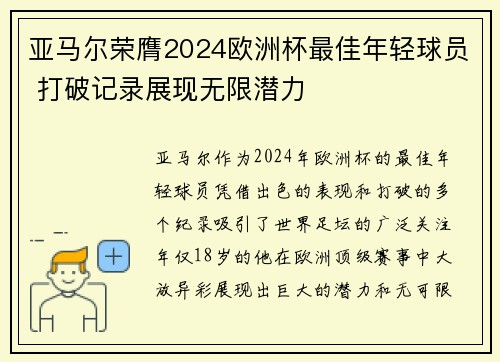 亚马尔荣膺2024欧洲杯最佳年轻球员 打破记录展现无限潜力