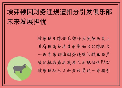 埃弗顿因财务违规遭扣分引发俱乐部未来发展担忧 埃弗顿因财务违规遭扣分引发俱乐部未来发展担忧