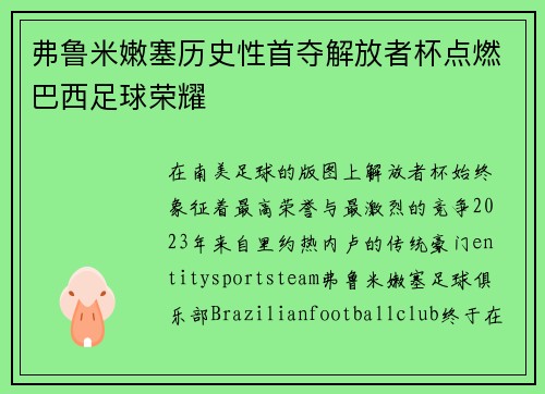 弗鲁米嫩塞历史性首夺解放者杯点燃巴西足球荣耀 弗鲁米嫩塞历史性首夺解放者杯点燃巴西足球荣耀